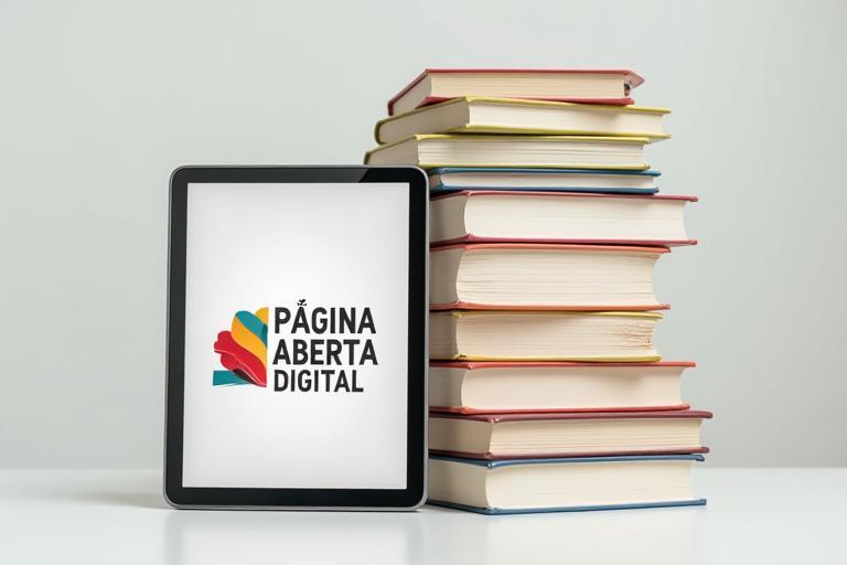 Pilha de livros diversos e um tablet digital mostrando o logo da Página Aberta Digital.