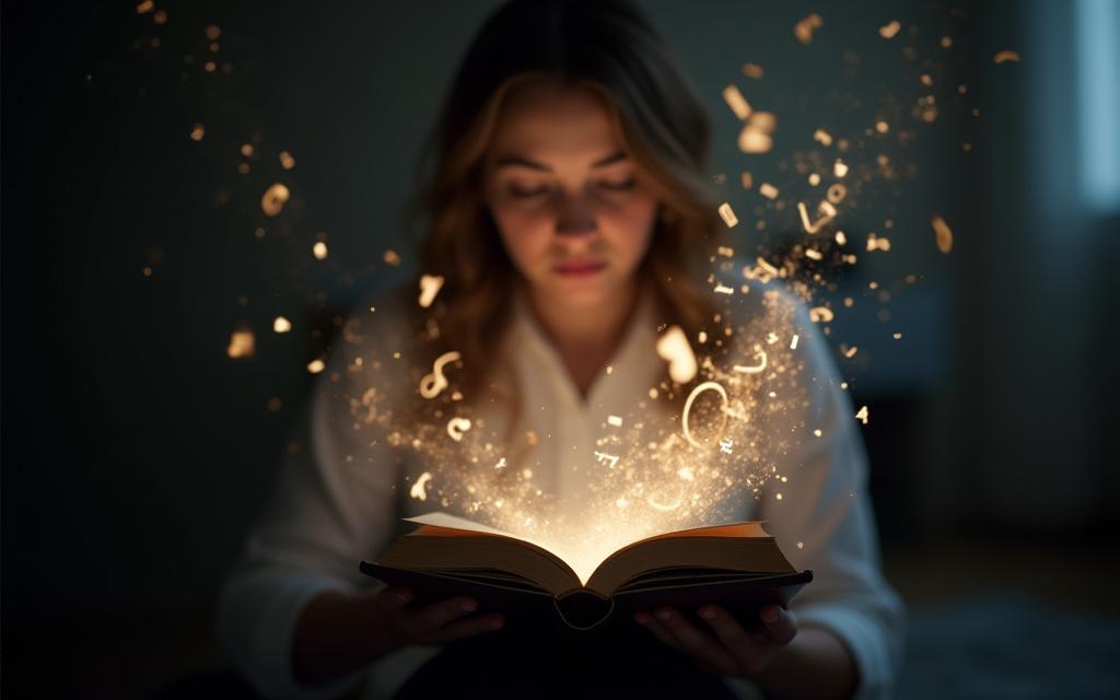 Pessoa lendo um livro com elementos literários abstratos ao fundo, sugerindo criatividade e o concurso.